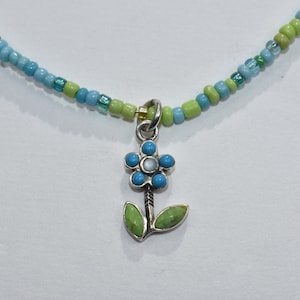 Native American Peyote Vogel Silber Samen Perle Blume Halskette