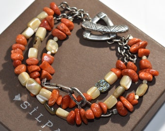 Sterling Silver Silpada Coral Abalone and Pearl 3 Strand Toggle Bracelet