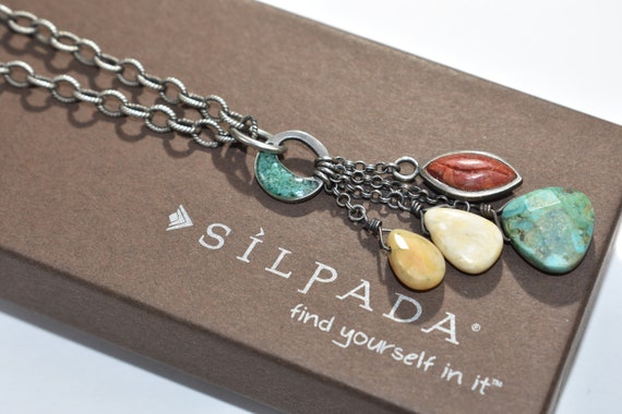 Silpada Retired sterling Silver Necklace Turquoise, Coral, Agate, Riverstone
