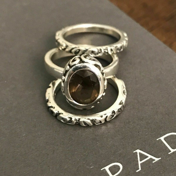 Silpada 925 Sterling Silver Smoky Quartz Scroll 3 Stacking Ring Set Size 6 Full Stack