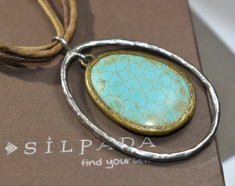 Silpada Howlite Necklace Pendant  Leather Turquoise Sterling Silver 925