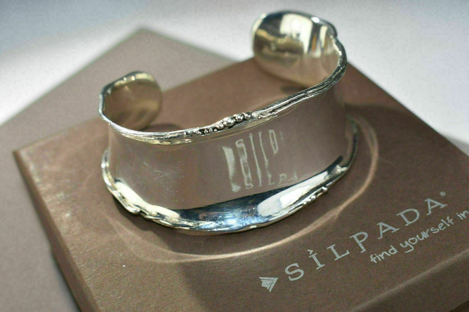 SILPADA 925 Sterling Silber breit Manschette Armband Rollrand Perlen gebogen