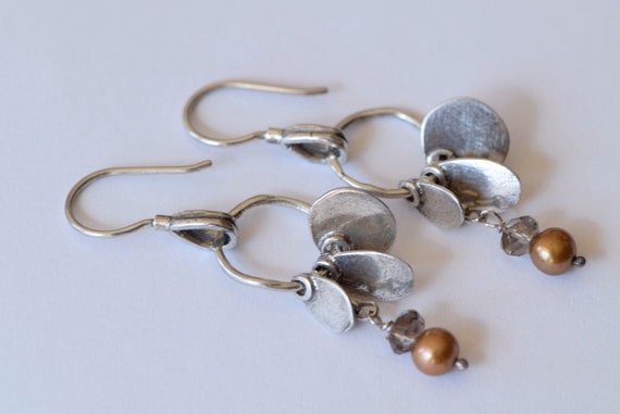 Silpada Sterling Silver Disc Smoky Quartz & Copper Pearl Dangle Earrings W1550 Silpada Sterling Silver Disc Smoky Quartz & Copper Pearl Dangle Earrings W1550
