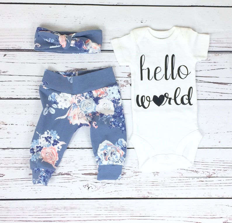 Baby Girl Shower Gift Newborn Baby Coming Home Outfit Hello World Slate Floral Coming Home From The Hospital Outfit