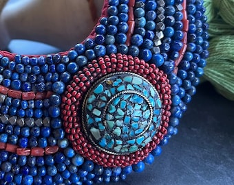 Statement Indian Bib Necklace - Handcrafted Rajasthani Jewelry - Corail Lapis and Turquoise Vintage Beaded Necklace With Cabochon Rajasthan