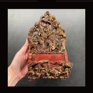 Intricate Antique 13 Characters Chinese Chaozhou Gold Gilt On Red Lacquer Carved Wood Decor  Ancient China Chao Zhou Decorative Wood Carving