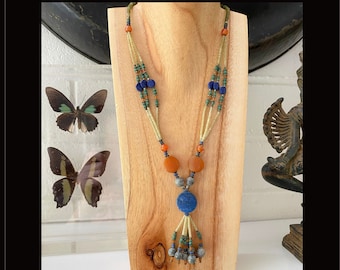 Collar de estilo egipcio vintage - Joyería de estilo egipcio con cuentas Heishi, sodalita y cornalina - Joyería fusión tribal