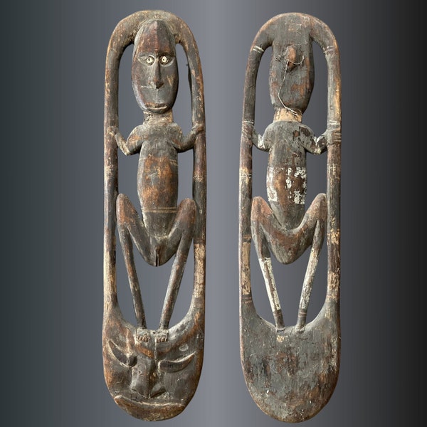 Papua New Guinea Antique Fertility Female Standing Figure - Gobe Board - Hand Carved Wood Sepik Wall Hanging Art Circa 1930-1950s