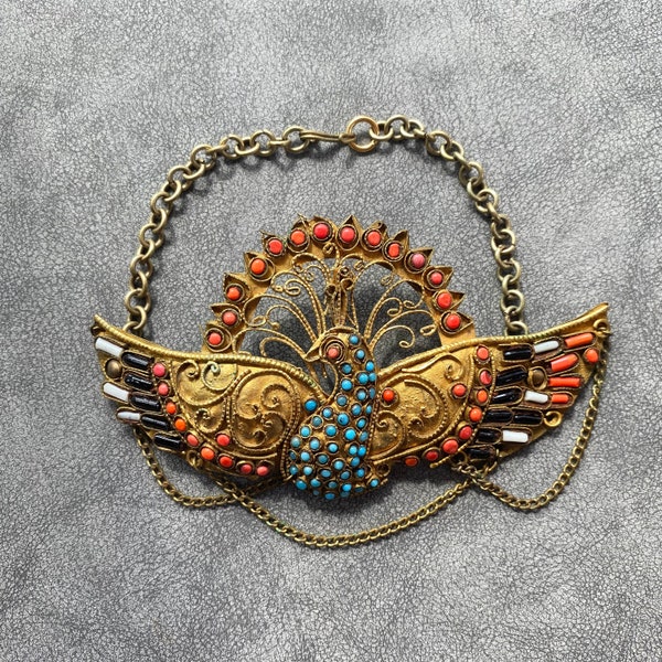 Antique Hair Ornament Tibet Early 20th Century - Golden Tone Bird Hair Ornaments - Tibetan Hair Accessory - Coral and Turquoise Hair Pin
