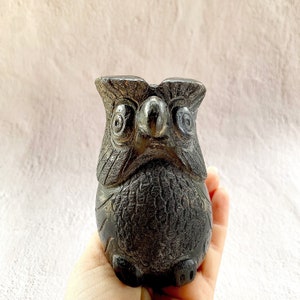 Vintage Pottery Owl Sculpture - Handmade Black Fired Ceramic Owl - Minimalist Good Luck Clay Art - Bird Pottery - Folk Art