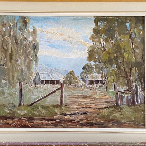 Original RONALD PETERS Beautifully Framed Oil Painting On Canvas - Australian Outback - Sunlit Path & Barn - Homestead Landscape - Cottage