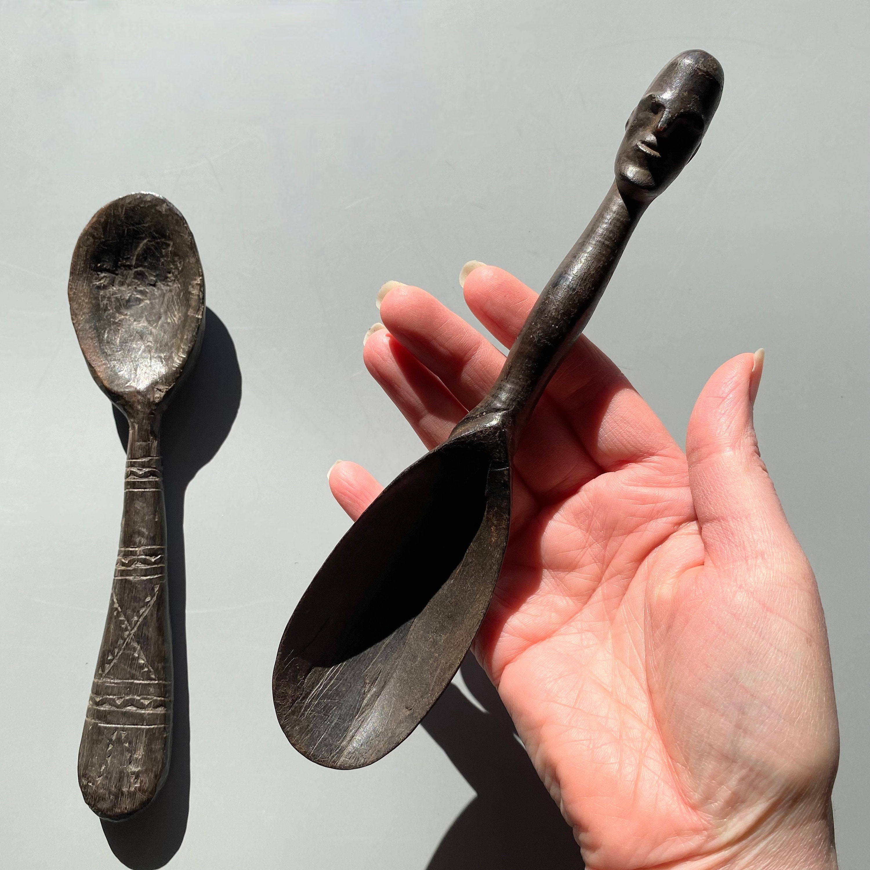 Lot De 3 Cuillères Anciennes En Bois Sculpté à La Main - Art Populaire Bulgare 1890-1930 | Rare