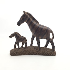 African Sculpture - Zebra And Baby Foal African Wood Carving - Vintage Hand Carved African Art