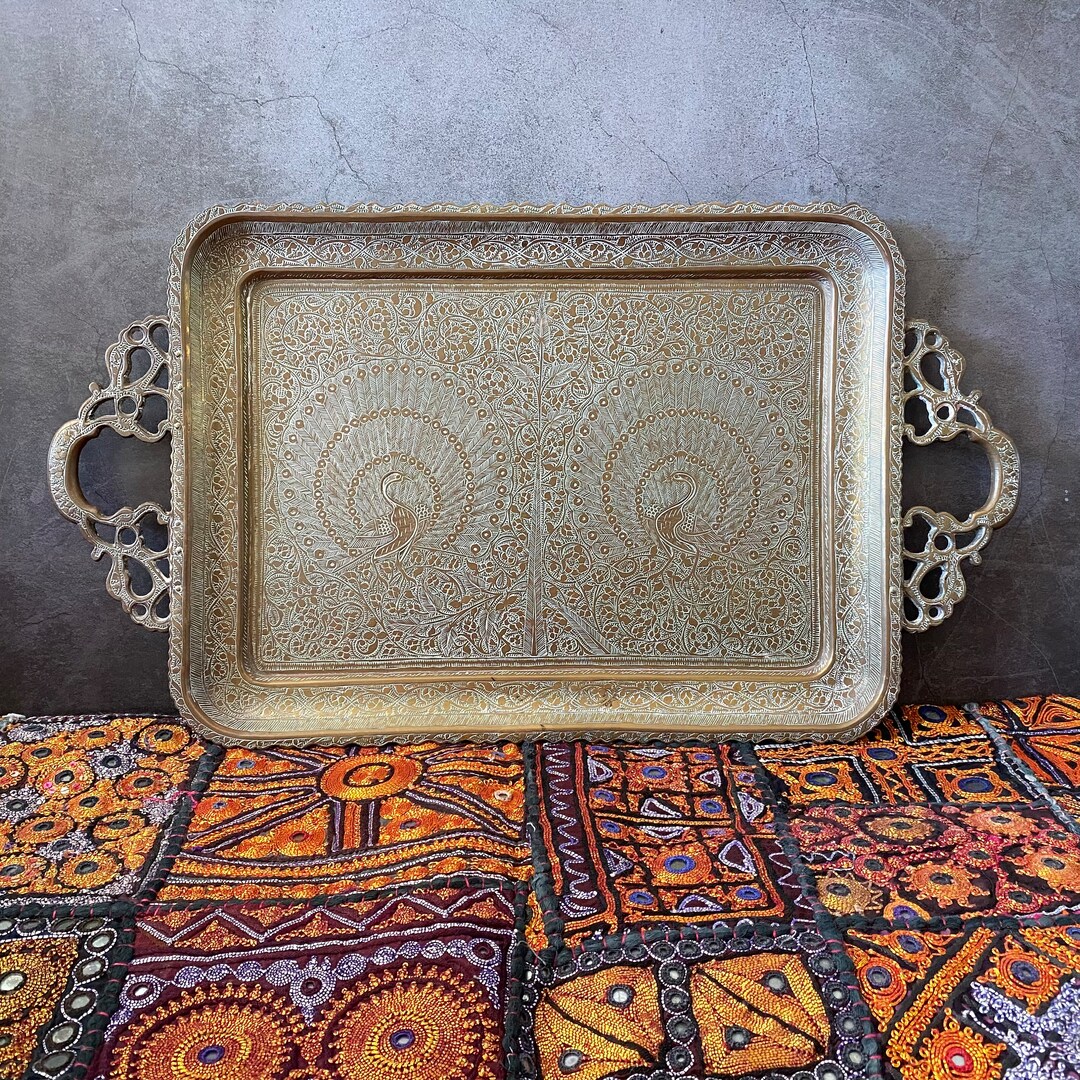 Vintage Etched Brass Indian Tray Indian Serving Tray Etsy