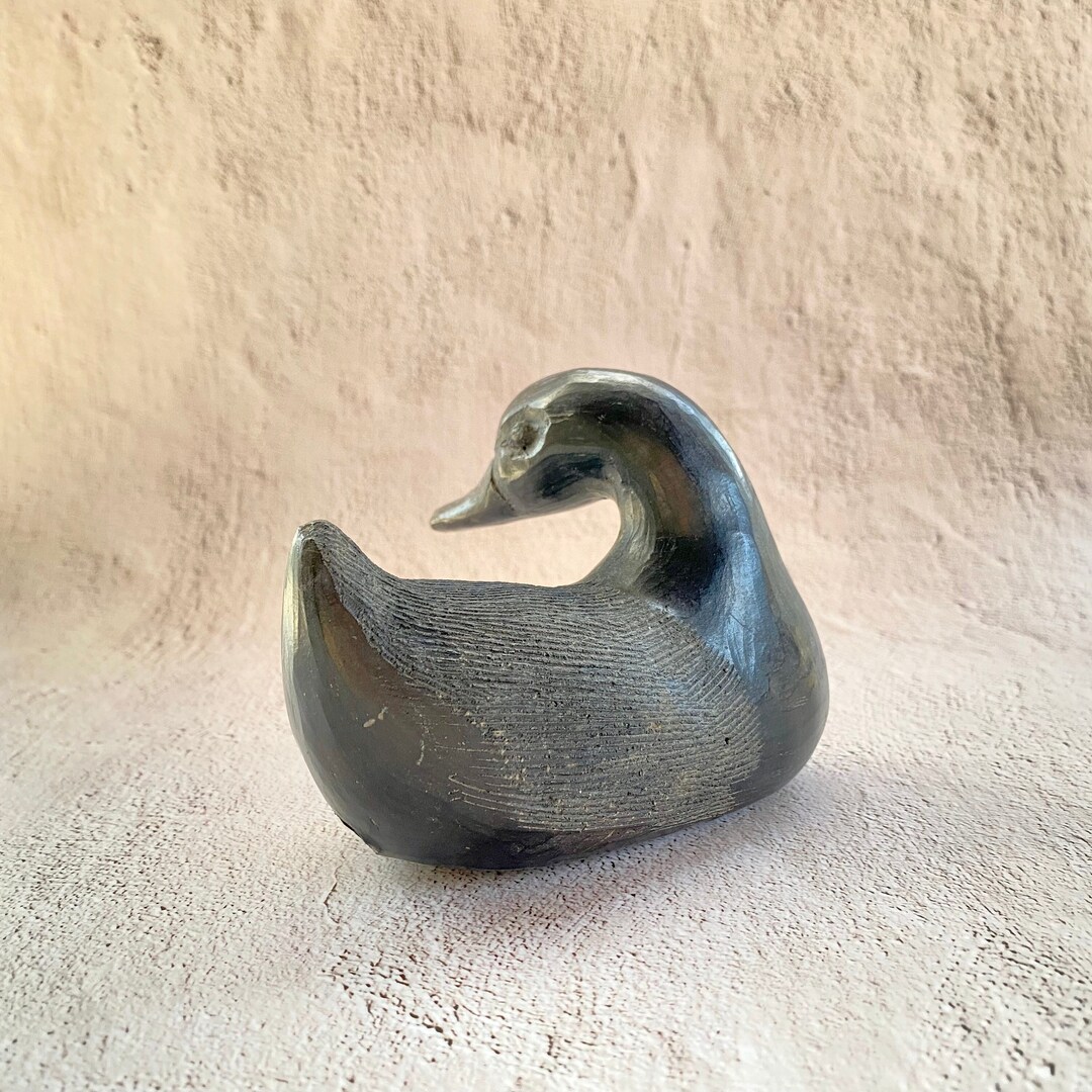 Vintage Pottery Black Duck Sculpture Handmade Black Fired Ceramic Duck