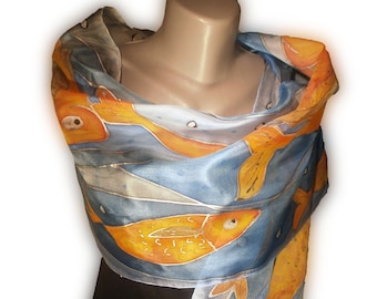 SEA DEPTHS Hand-Painted Silk Scarf, Woman Silk Scarf, Pure Silk Shawl, Wrap, Scarf painted by hand