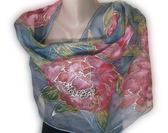 RED GLAMOUR Hand-Painted Silk Scarf, Woman Silk Scarf, Pure Silk Shawl, Wrap, Scarf painted by hand