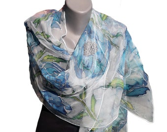 BLUE LOVE Hand Painted Silk Scarf, Woman Silk Scarf, Pure Silk Shawl, Wrap, Scarf painted by hand