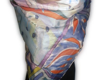 EXUBERANCE Hand-Painted Silk Scarf, Woman Silk Scarf, Pure Silk Shawl, Wrap, Scarf painted by hand