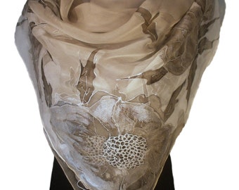 SILVER NIGHT Hand-Painted Silk Scarf, Woman Silk Scarf, Pure Silk Shawl, Wrap, Scarf painted by hand