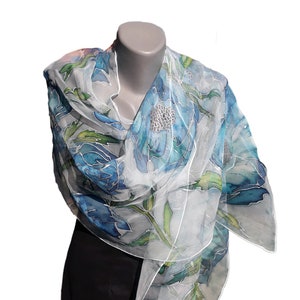 BLUE LOVE Hand Painted Silk Scarf, Woman Silk Scarf, Pure Silk Shawl, Wrap, Scarf painted by hand