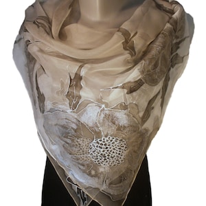 SILVER NIGHT Hand-Painted Silk Scarf, Woman Silk Scarf, Pure Silk Shawl, Wrap, Scarf painted by hand