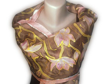 LOVE IN PINK Hand-Painted Silk Scarf, Woman Silk Scarf, Pure Silk Shawl, Wrap, Scarf painted by hand