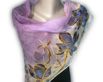 VIOLET DAY Hand-Painted Silk Scarf / Woman Silk Scarf, Pure Silk Shawl, Wrap, Scarf painted by hand / Hand-hemmed