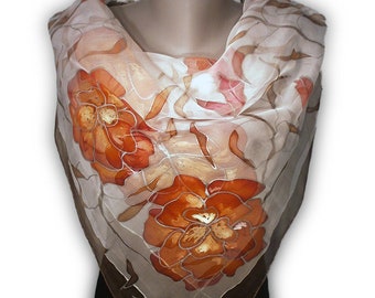 ORANGE MORNING Hand-Painted Silk Scarf / Woman Silk Scarf, Pure Silk Shawl, Wrap, Scarf painted by hand / Hand-hemmed