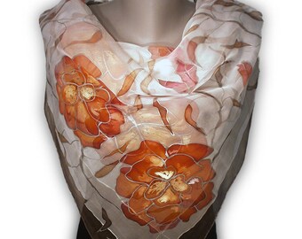 ORANGE MORNING Hand-Painted Silk Scarf / Woman Silk Scarf, Pure Silk Shawl, Wrap, Scarf painted by hand / Hand-hemmed