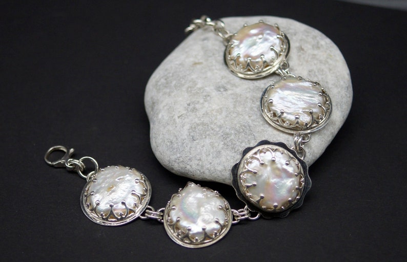 Natural pearl bracelet / Sterling Silver bracelet / Segmental / White pearls / Wedding / Bridal jewelry / Bride zdjęcie 3