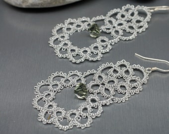 Silver tatted earrings / Bridal jewelry / Lace earrings / Tatting