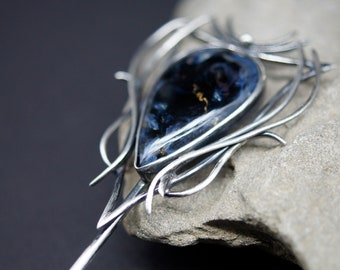 Silver hair pin / Pietersite / Unique mineral /Hair jewelry