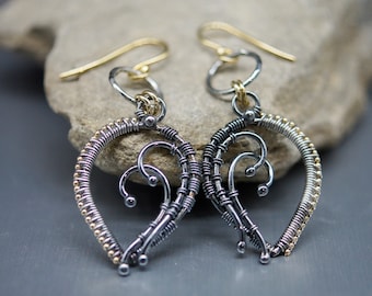 Long sterling silver earrings / Dange & Drop / Wire wrapping / Boho style jewelry / Leaf shape earrings