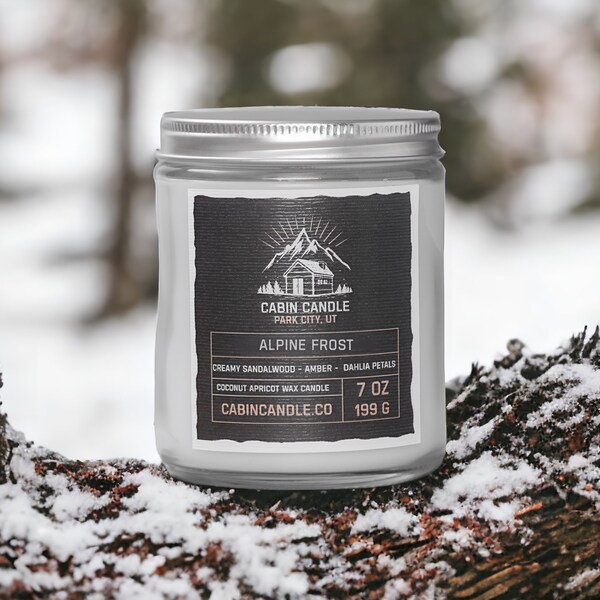 Alpine Frost - 7oz wooden wick cabin candle in glass jar - Snowy forest rose scent  - Winter mountain adventure -  USA made