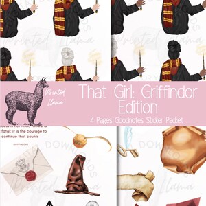 May include: A sticker pack for Goodnotes featuring a girl in a Gryffindor robe, a llama, a sorting hat, a golden snitch, a quill, a letter, a tie, a house crest, and a suitcase. The text "That Girl: Griffindor Edition" and "4 Pages Goodnotes Sticker Packet" are also included.