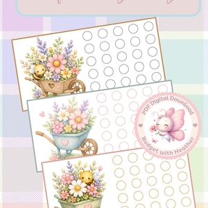 Puede incluir: Un conjunto de tres tarjetas rectangulares de desafío de ahorro con ilustraciones de carretillas llenas de flores coloridas y abejas. Cada tarjeta incluye una cuadrícula de círculos vacíos para registrar ahorros y el texto Budget with Heather.