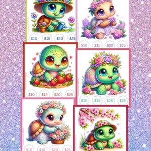 Puede incluir: Seis ilustraciones coloridas de adorables tortugas de dibujos animados, cada una adornada con flores y accesorios. Cada tortuga está rodeada por un borde y tiene etiquetas de precios de 10, 15, 20 y 25 euros. El fondo es una textura brillante e iridiscente.