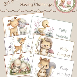 May include: Set of six spring animal-themed saving challenges. Each card features a different watercolor illustration of a cute animal, such as a lamb, duckling, or bunny, with the words "Fully Funded" on each card. The cards are labeled "Budget with Heather."