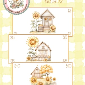 May include: Set of 12 prop money bills featuring sunflower illustrations. Each bill is 6 inches wide and 3 inches high. The bills have a watercolor design with images of sunflowers, a house, and a barn. The text "Sunflowers Prop Money" is at the top.