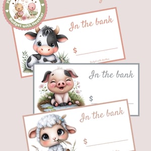 May include: Three illustrated bank check templates featuring a cow, pig, and lamb. Each check has the words "In the bank" and a space for an amount. The checks are 6" x 3" in size and are labeled "Budget with Heather."