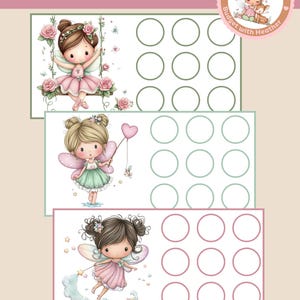 Puede incluir: Conjunto de seis mini desafíos de ahorro con ilustraciones de hadas. Cada tarjeta mide 15,24 cm de ancho y 7,62 cm de alto. Las tarjetas tienen una combinación de colores rosa claro, verde y blanco, con un tema de hadas. Cada tarjeta tiene 12 círculos para rastrear el ahorro.