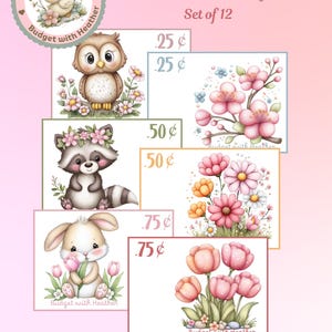 May include: A set of 12 "Cute Spring Money Prop" cards, each 9.1 cm wide and 6.6 cm high, with watercolour illustrations of spring animals and flowers. Includes an owl, raccoon, bunny, and floral arrangements. Each card has a value of 25p, 50p, or 75p.
