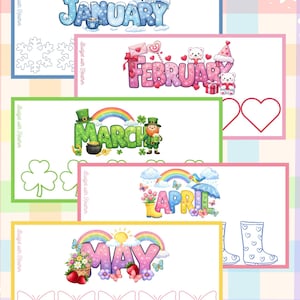 May include: A collection of colorful cards featuring the months of the year. Each card has a different theme, including snowmen for January, hearts and teddy bears for February, and a leprechaun for March. The word "January", "February", "March", "April", and "May" are displayed.