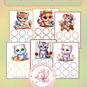 May include: A set of 6 Kittens Tiny Challenges digital download sheets featuring illustrations of kittens with books, gardening tools, wagons, sandcastles, swings, and flowers. Each sheet includes six empty circles for tracking progress.