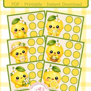 Peut inclure: Un ensemble de 6 cartes de défi PDF imprimables avec des personnages de citron dessin animé, des feuilles vertes et des fleurs blanches. Chaque carte inclut des cercles jaunes pour le suivi. Le texte indique Set of 6 - Cute Lemon Tiny Challenges.