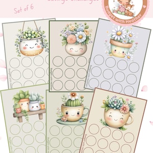 Op de afbeelding: Set van zes digitale spaaruitdagingen, elk met een schattig, lachend bloempot- of kopjesontwerp met bloemen en vetplanten. De kaarten zijn 7,6 cm breed en 10,2 cm hoog, met cirkels om het sparen bij te houden. Tekst: "Cute Flowers Tiny Savings Challenges."