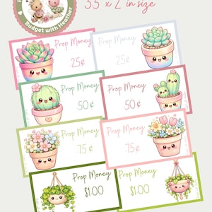 May include: A collection of illustrated prop money cards featuring cute potted plants and succulents. Each card has a different value, ranging from 25 cents to $1.00. The cards are 3.5 x 2 inches in size.