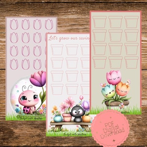 Op de afbeelding: Drie afdrukbare PDF digitale download budget trackers met een bloemig thema. De trackers bevatten illustraties van tulpen, bloempotten en schattige cartoonfiguren. De tekst "Let's grow our saving" is zichtbaar op een van de trackers.