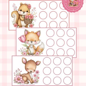 May include: Digital download featuring three printable sheets with woodland animal illustrations: a squirrel with a basket of flowers, a fox with a tulip, and a deer surrounded by flowers. Each sheet has circles for tracking.